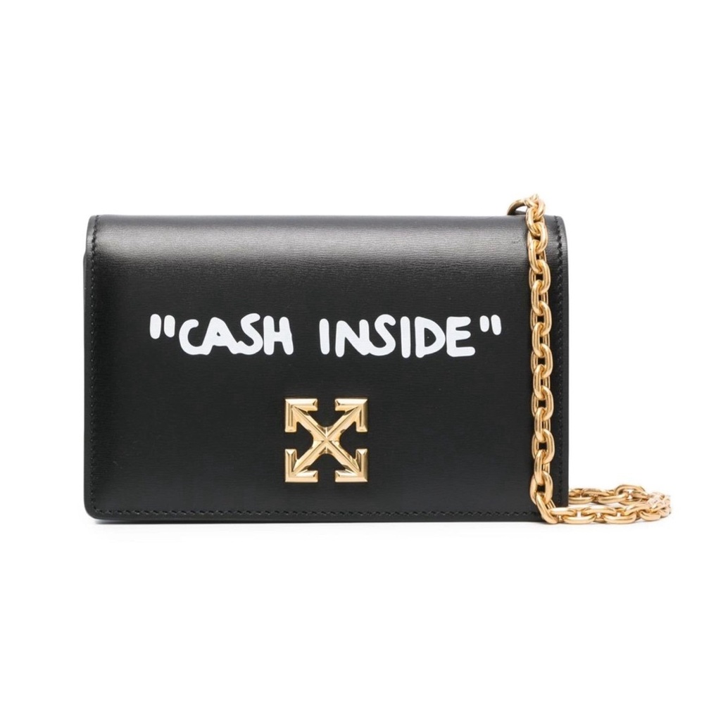OFF-WHITE Jitney 0.5 Black Leather Shoulder Bag With “Cash Inside” Quote